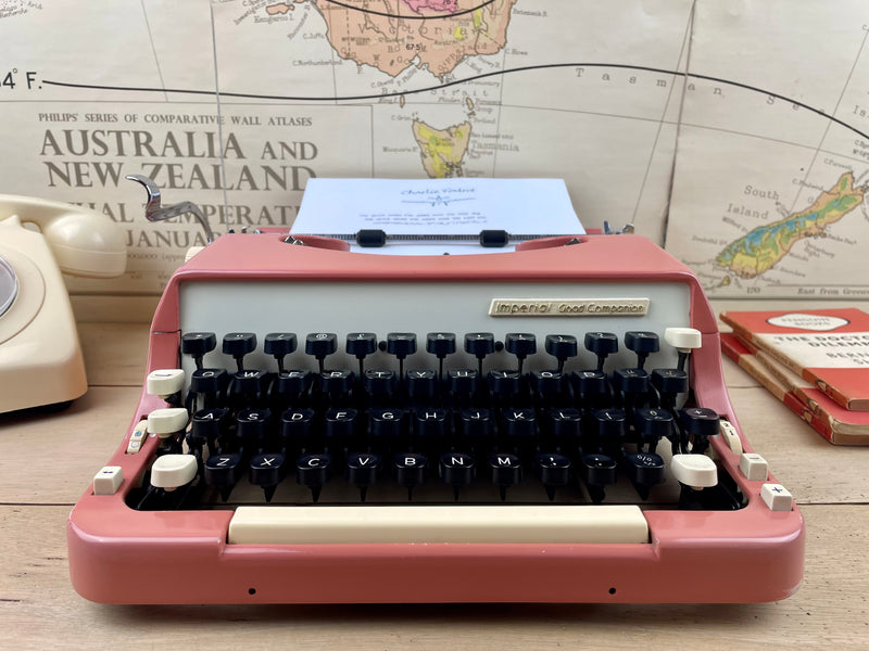 Rare Salmon Pink Imperial No 7 with Book Typeface and Maths Keys